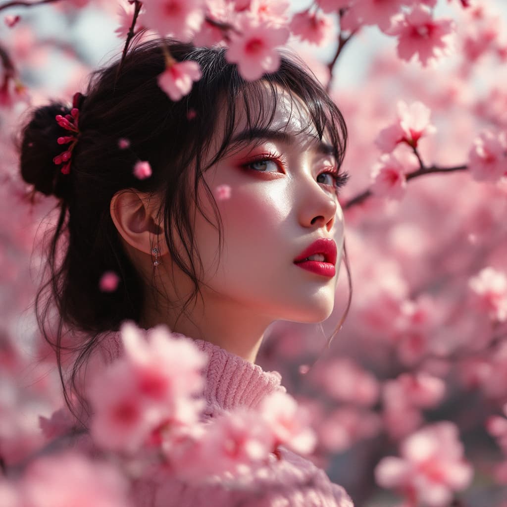 AI generated: dutch angle shot, infrared photo of a woman, cherry blossoms, dystopian --ar 16:9