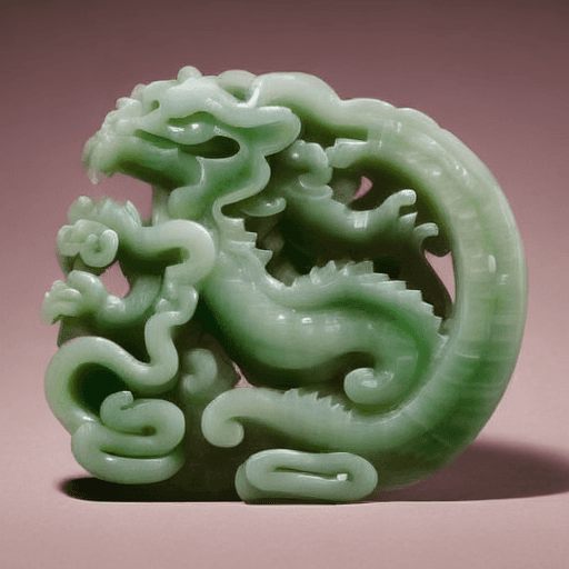 AI generated: beautifully carved jade heavenly Chinese dragon, wise face, hand carved nephrite jade, museum photo,...