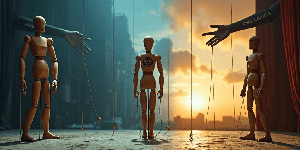 AI generated: Wide Triptych Prompt â âStrings of Influenceâ (Flux-ready, Landscape Scene, Distinct Panels)