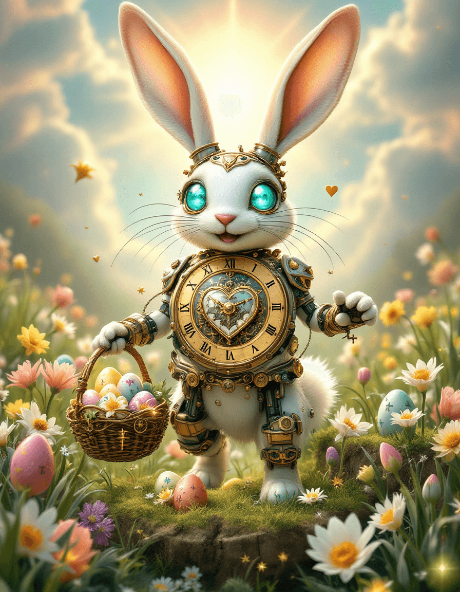AI generated: A fantastical reimagining of the Easter Bunny as a whimsical, steampunk-style clockwork automaton, h...