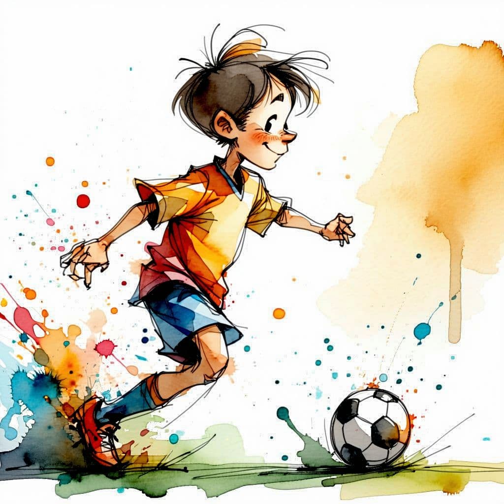 AI generated:  Quentin Blake caricature. Medium shot. Young boy soccer player. Hand-drawn lines. Expressive ink sp...