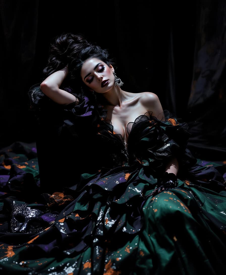 AI generated: A tired actress resting backstage after a masquerade, her gown styled like layered petals and baroqu...