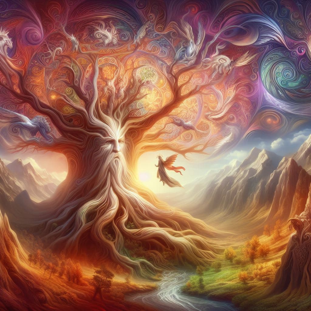 AI generated: epic, surreal image of the tree of life, mythology, incredibly beautiful, Nordic, creature