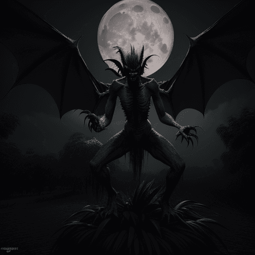 AI generated: Aswang, scary monster with bat-like wings and fangs, lurking behind a tree, full moon in the backgro...