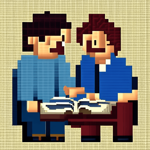 AI generated: reading book with man,pixel art