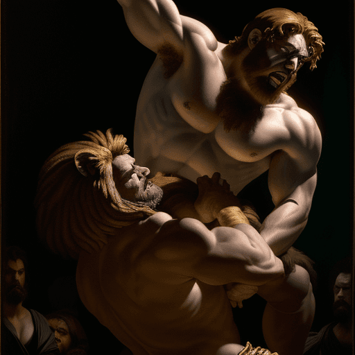 AI generated: hercules wrestling a lion, chiaroscuro, caravaggio technique, --ar 3:2 --c 15 --s 5
