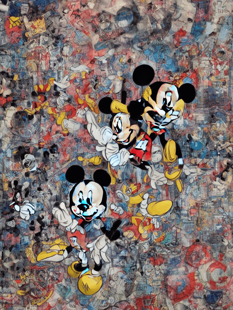 AI generated: Mickey Mouse, collage art, mixed media, enchanting, punk art, part by james jean, part by ross tran,...
