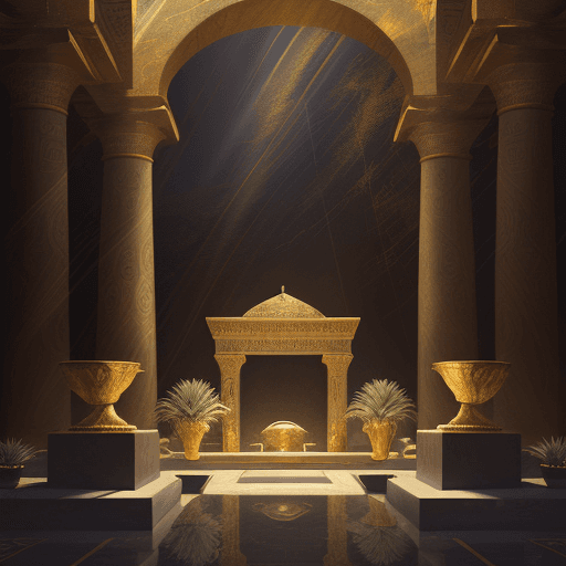 AI generated: new art : landscape into a Underground oasis in egypt, an altar with a treasure. satara by johnny ta...