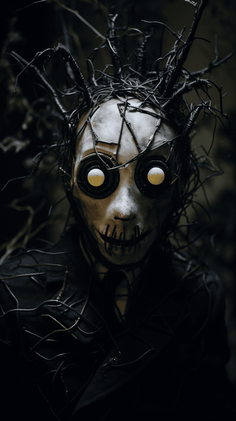 AI generated: buck bunny style Tim Burton, close-up frightening portrait of a encased in a living suit of thorns, ...