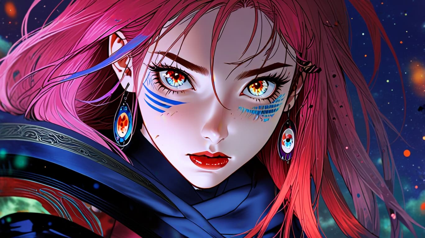 AI generated: Digital illustration featuring a female character with striking facial features. She has long, vibra...