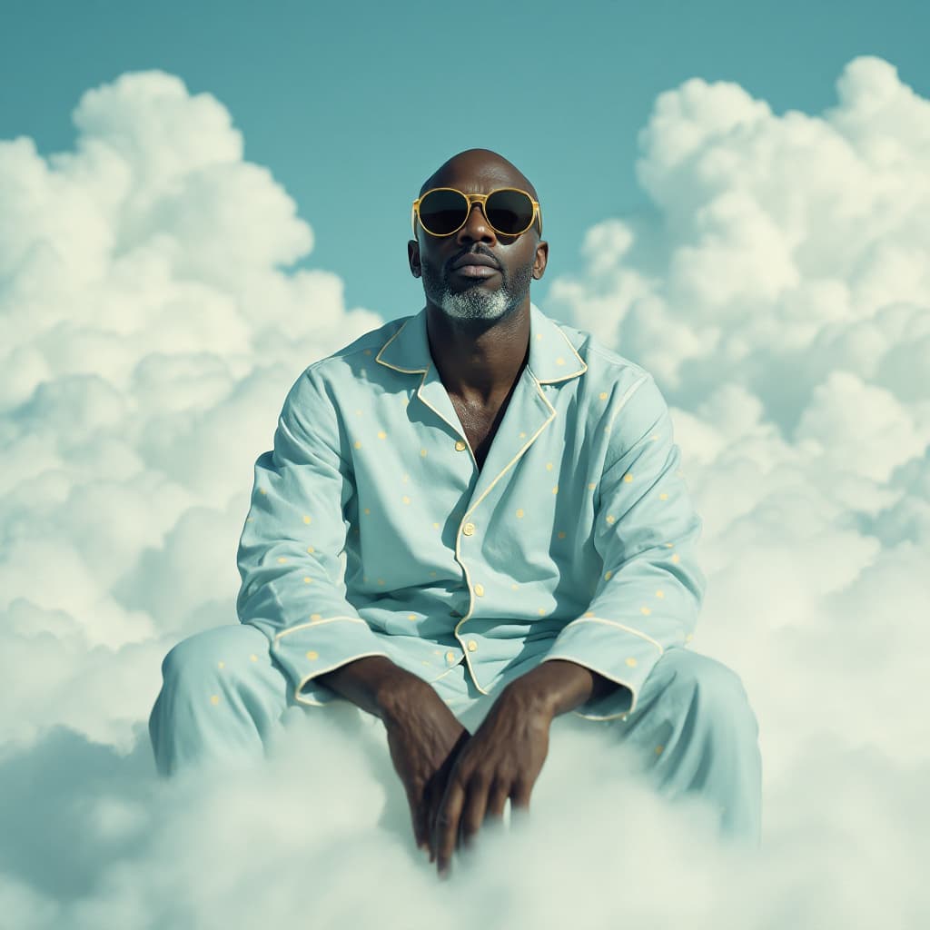 AI generated: A photo of an eccentric black man sitting on top of white fluffy clouds wearing big sunglasses and l...