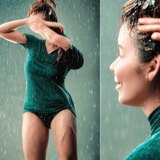 AI generated: A beautiful lady dancing in heavy rain, face and body are wet, messy bun hair  32k UHD, highly detai...