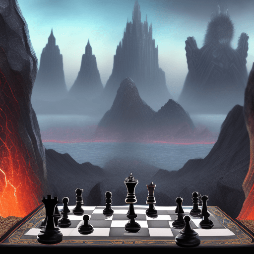 AI generated: Digital artwork of a fantastical chess game set in the foreground with a towering dark knight and a ...