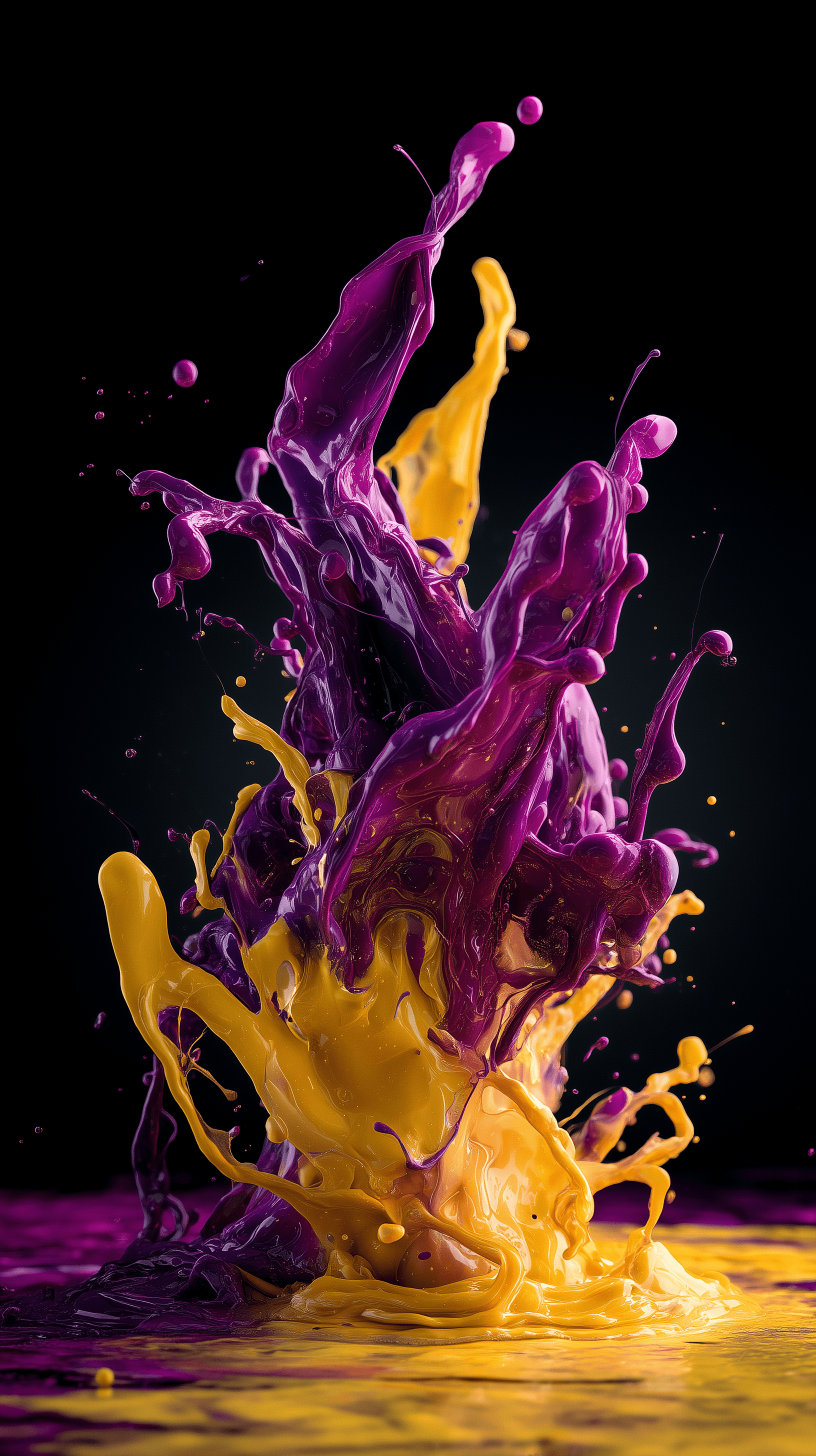 AI generated: macro shot, explosion of colors concept image, vibrant deep purple and deep yellow colors liquid, po...
