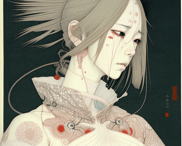 AI generated: a woman crying, artwork by Takato Yamamoto and Chika Yamada, very detailed, realistic anatomy, futur...