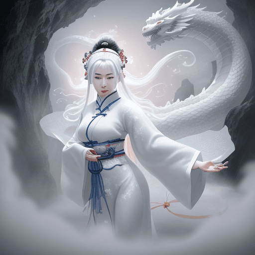 AI generated: a Chinese woman with white hair living in a cave, a celestial being, wears white Daofu, has a headba...