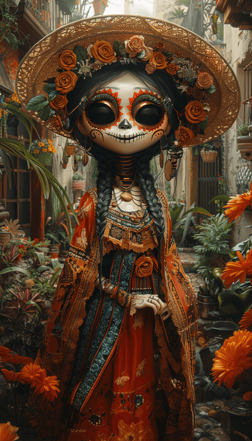 AI generated: a painting of alien with make up of Catrina, in the style of disney animation, pre-world war ii scho...