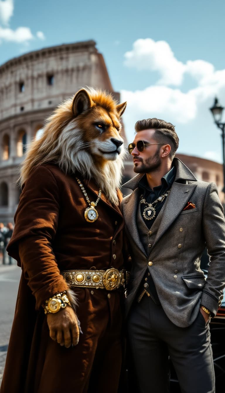 AI generated: Un loup anthropomorphe en costume trois-pièces avec une montre en or, accompagné d’un homme en costu...