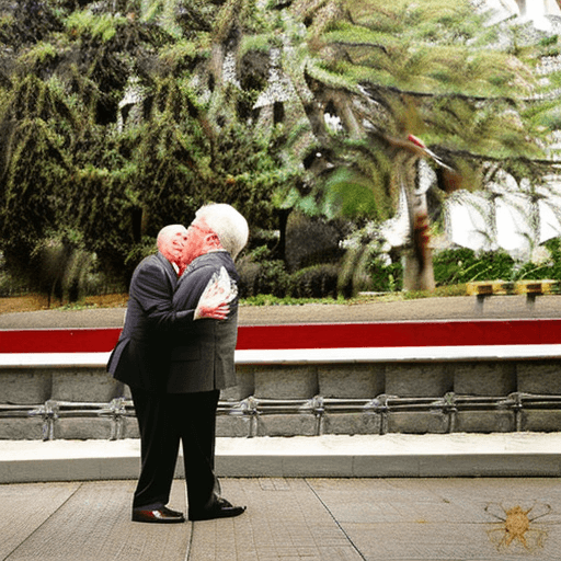 AI generated: A heartwarming scene capturing a tender moment between two fat men of 75 years old, dressed in  form...