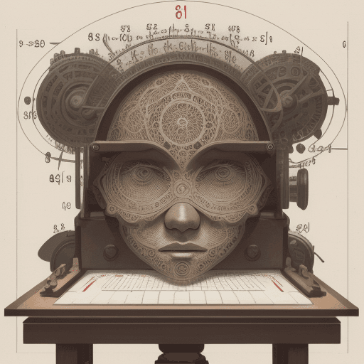 AI generated: Illustration of numbers, math simbols, composing a machine with human-like face, intricate details