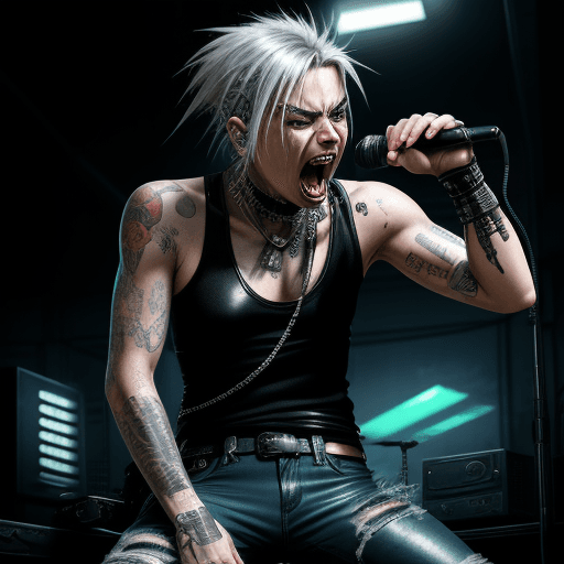 AI generated: Cyberpunk, Rockerboy, Metal throat, Silver haired, samurai tanktop, Leather Jeans, Screaming into a ...