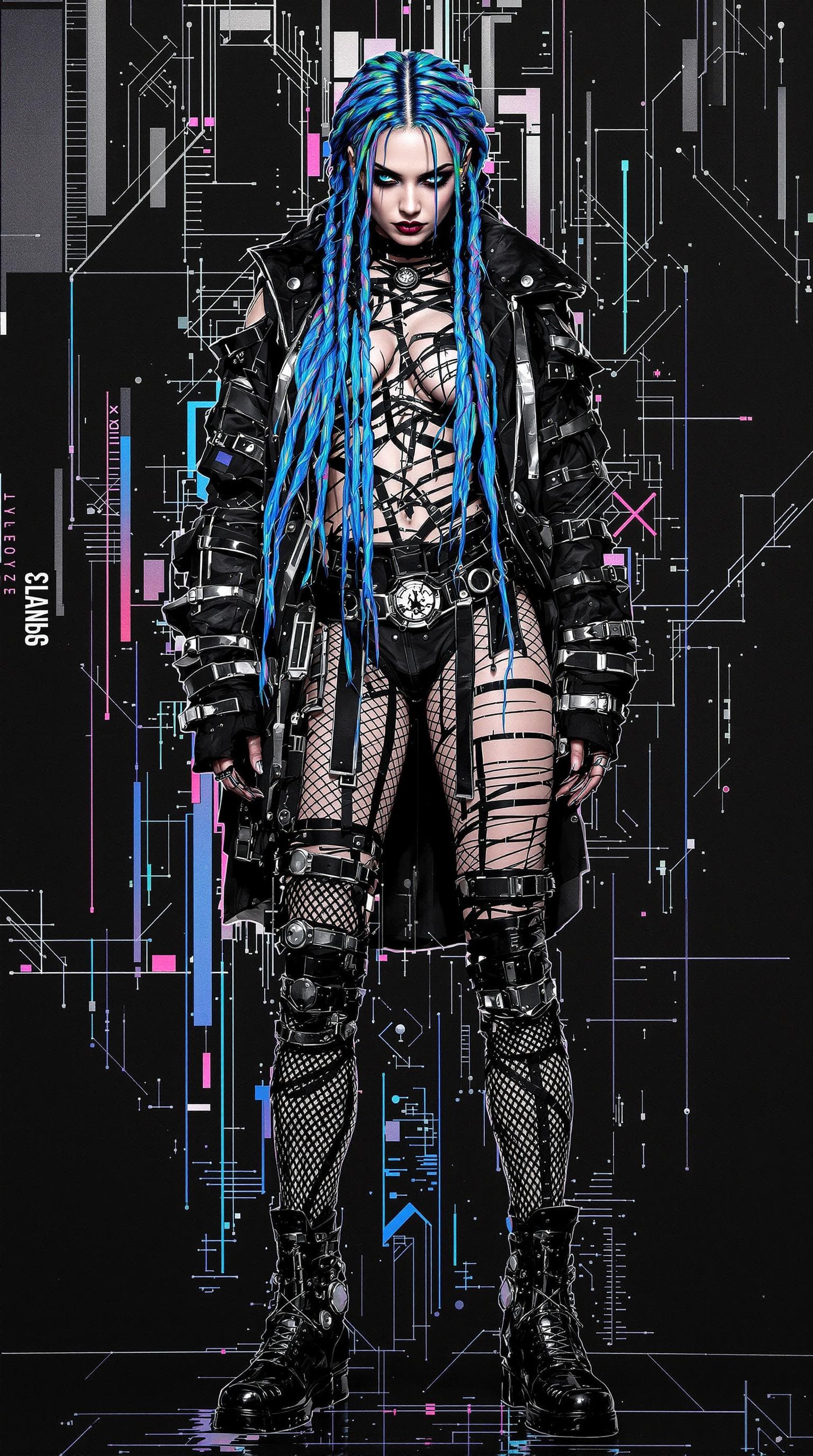 AI generated: A single, androgynous figure, with long braided iridescent hair shifting from deep indigo to electri...