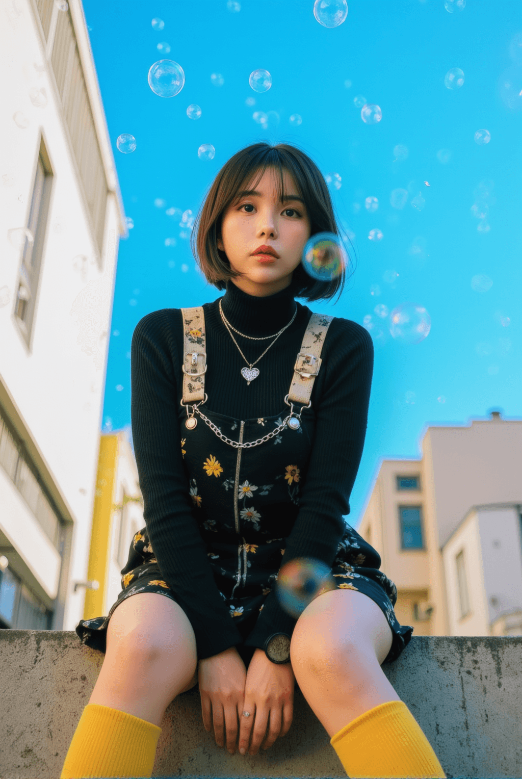 AI generated: Photograph of an Asian woman with a short black bob haircut, sitting on a concrete ledge against a b...