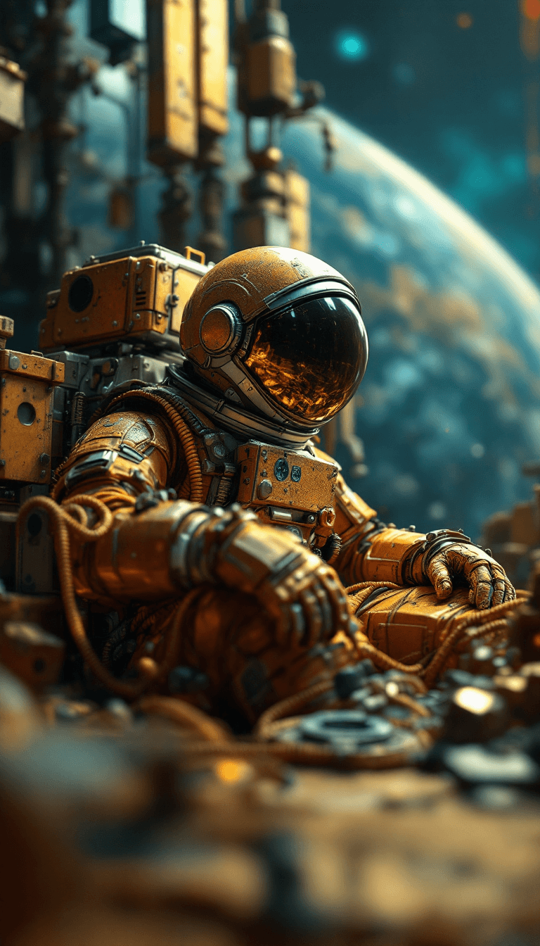 AI generated: wide angle photo of an astronaut:: minimalist space metal basket weaving blocks, in the style of mov...