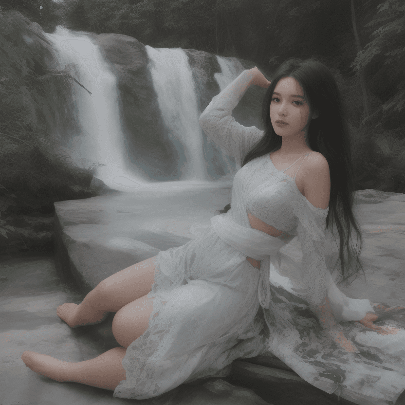 AI generated: A woman is reclining on a blanket on a large flat bolder beside a serene waterfall. Her pose is rela...