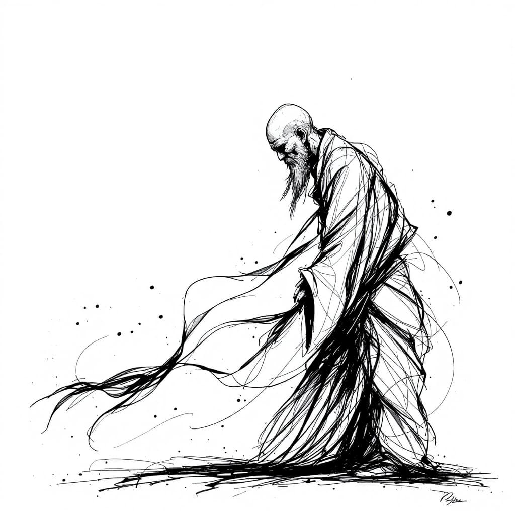 AI generated: artistic sketch, Chinese monk in a robe, abstract minimalist line art illustration, simple flowing l...