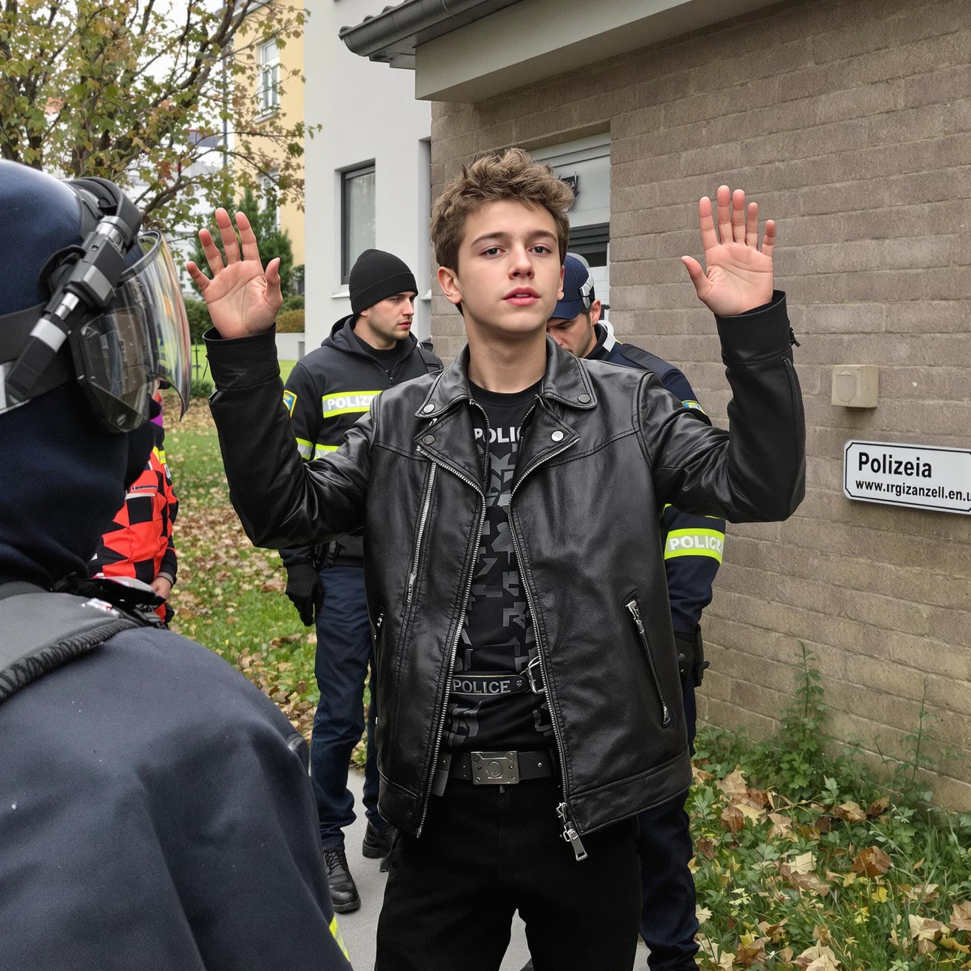 AI generated: Teenage boy, 17 years old, wearing a black leather jacket, and black Jeans. He is also wearing black...