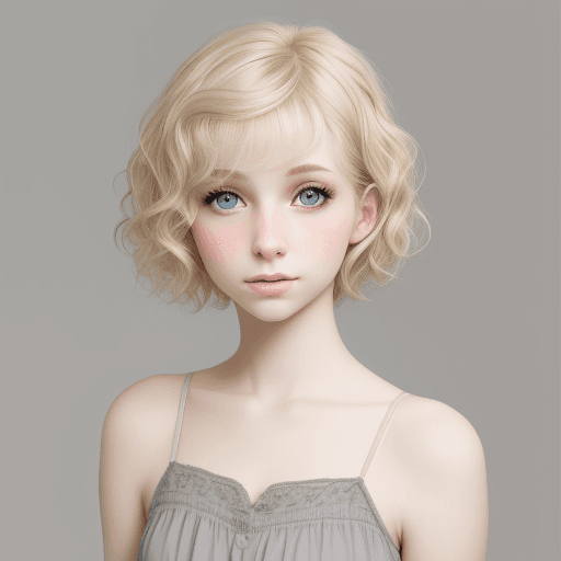 AI generated: short, beautiful Mid Western girl with pixie cut blonde wavy hair, grey eyes, pale skin