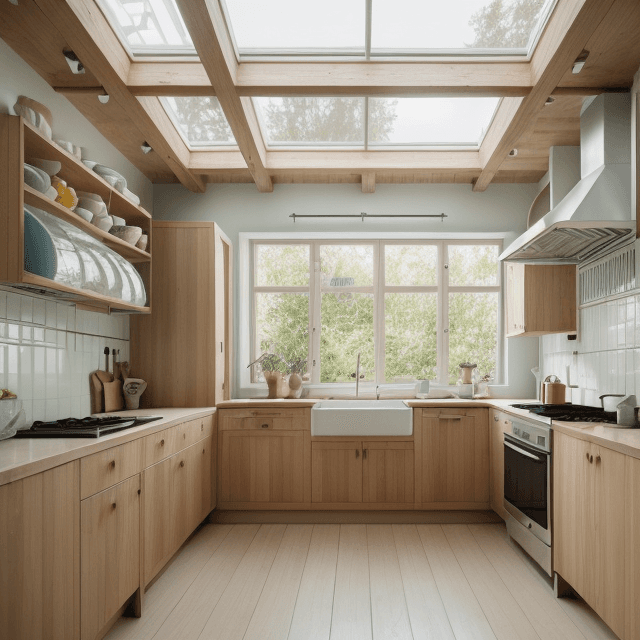 AI generated: High resolution photography kitchen design, wooden floor, small windows opening onto the garden, bau...