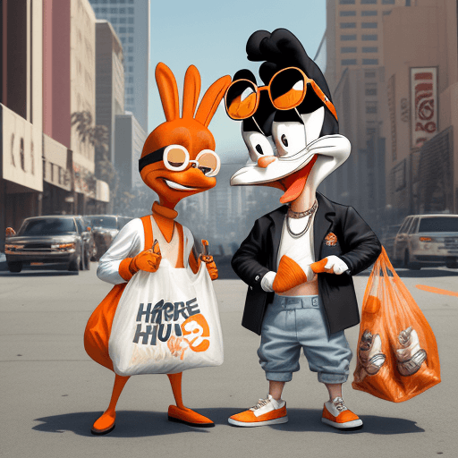 AI generated: a hilarious adult comedy image of Bugs Bunny wearing hip hop fashion buying a carrot with a bubble q...