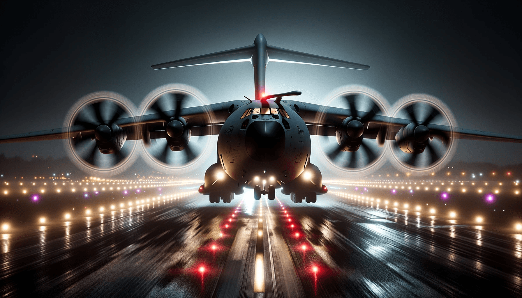 AI generated: A nighttime 3D depiction of an Airbus A400M on a dimly lit runway, reaching its V1 rotation speed an...