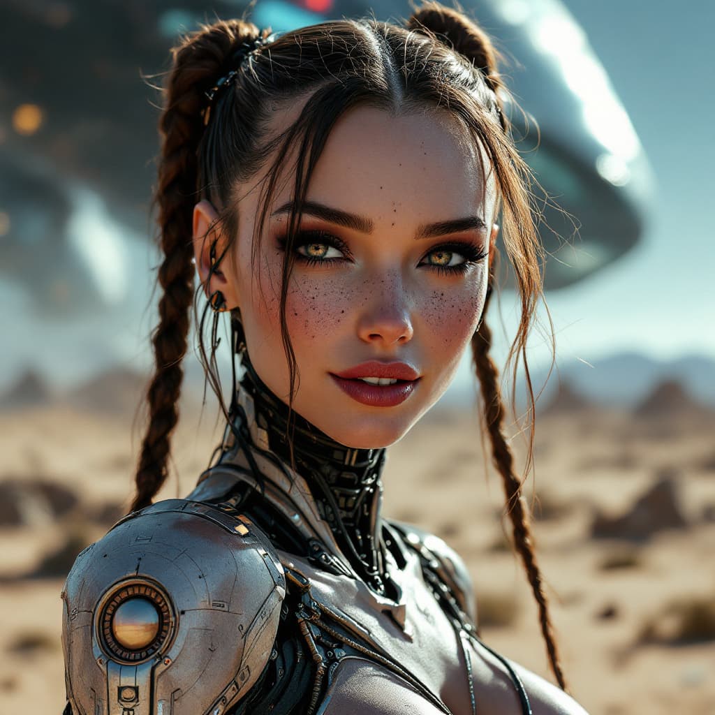 AI generated: A highly detailed full body view of a futuristic beautiful lady, (freckles), big smile, ruby eyes, p...