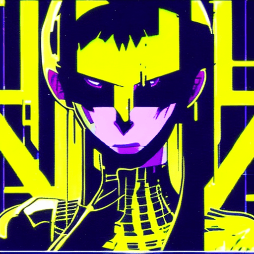 AI generated: early techno rave music inspired by ghost in the shell, 90s manga aesthetic, expressive face, yellow...