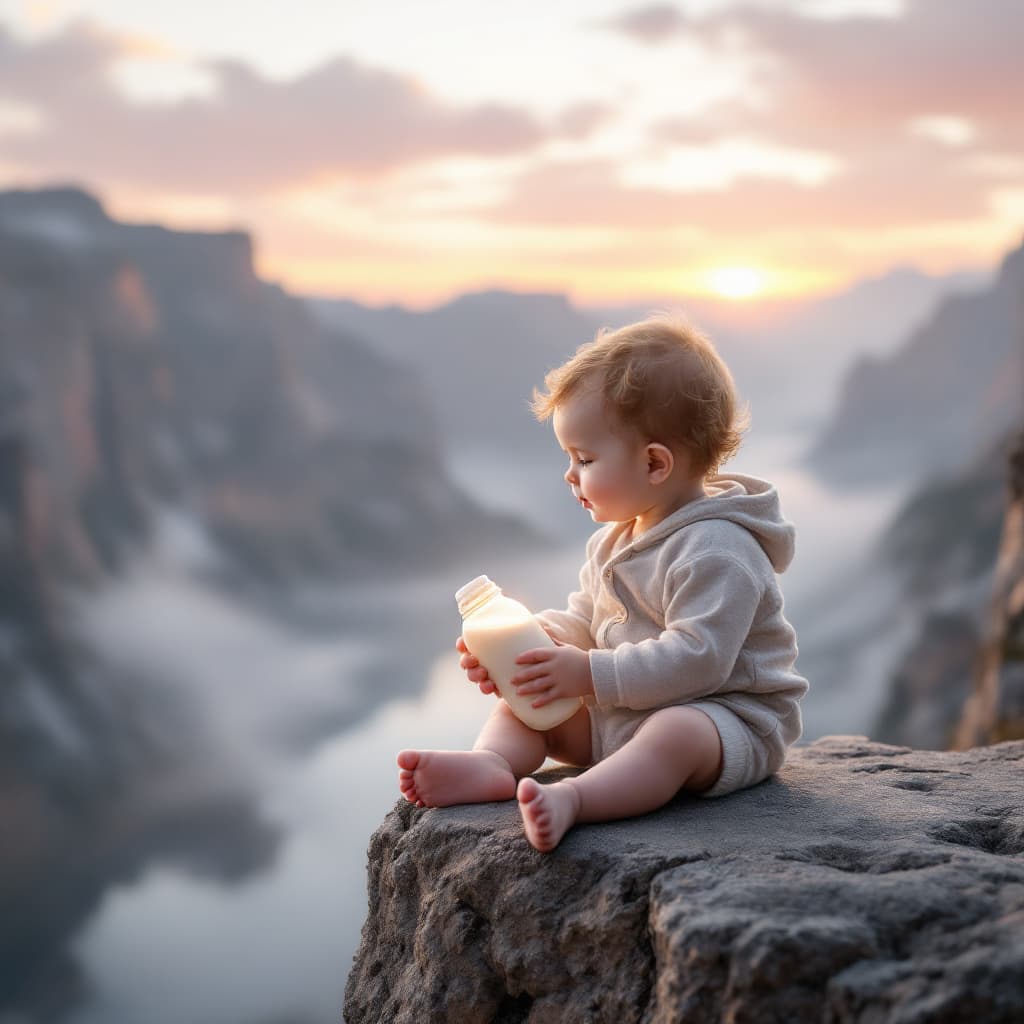 AI generated: a little baby sitting at the edge of a cliff holding a milk bottle more realistic and 4k resolution

