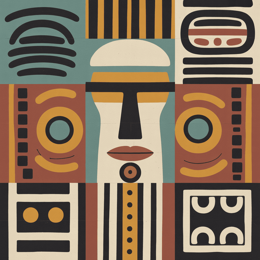 AI generated: Develop a digital art piece inspired by primitivism. This work should incorporate abstract symbols, ...
