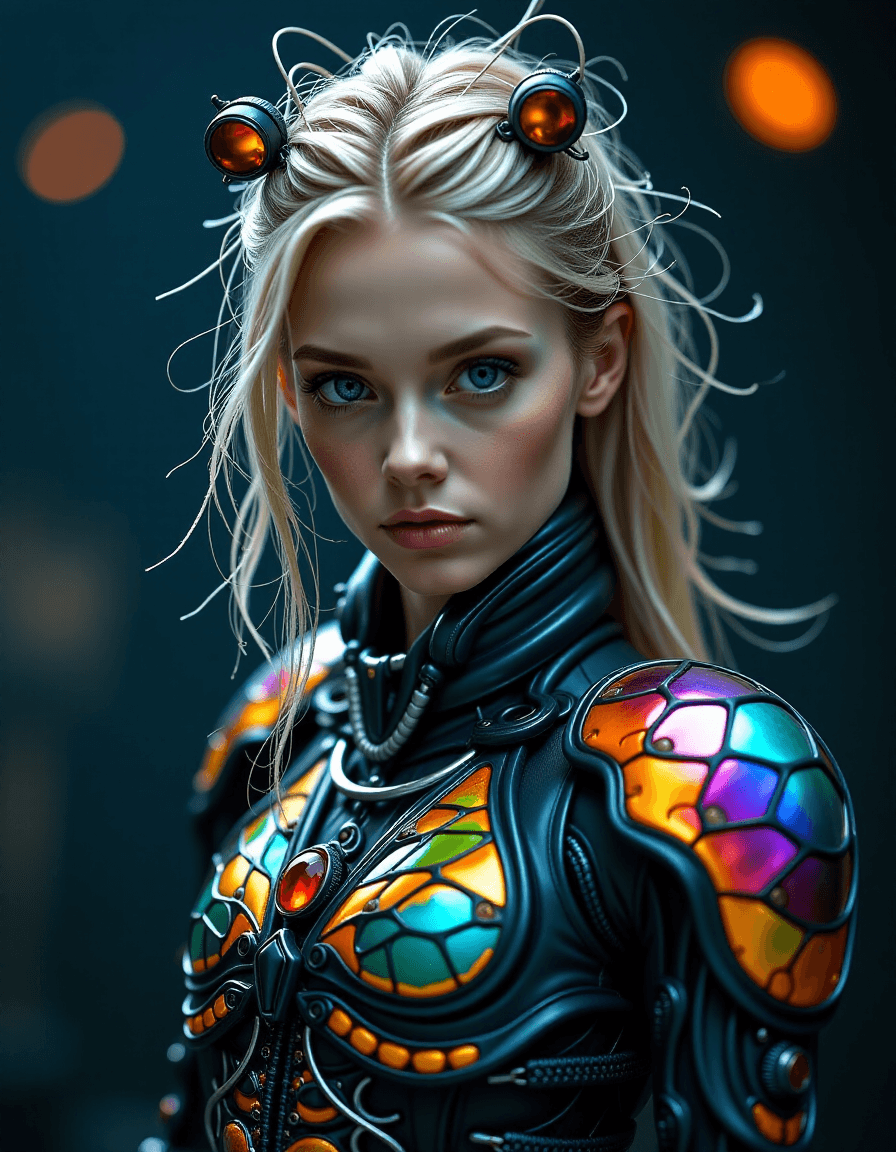 AI generated: "Hyperrealistic: A captivating beauty with piercing, unusual colored eyes (e.g., violet, amber), wea...
