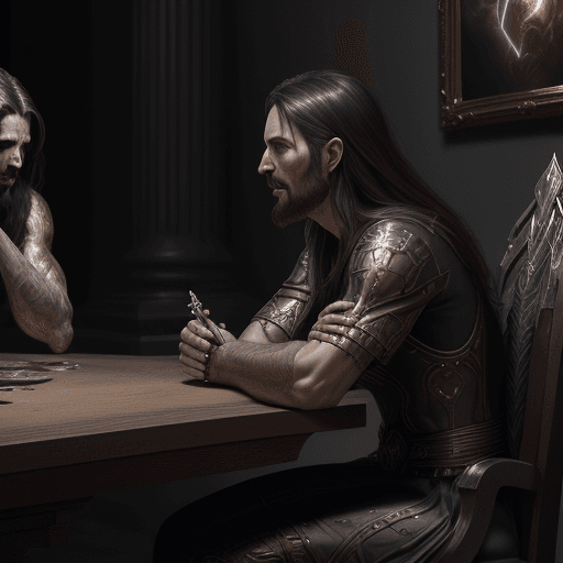 AI generated: Jesus conversing with a demon sitting at a table, unreal engine realistic render, 8k, micro detail, ...