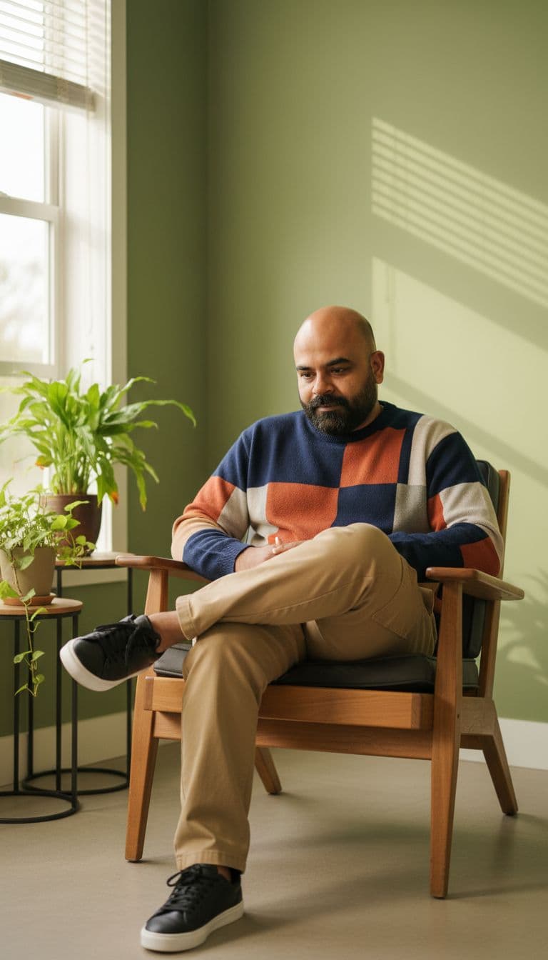 AI generated: A stylish young man with a lean physique (around 57 kg, 5'7" tall) sits in a modern wooden armchair ...
