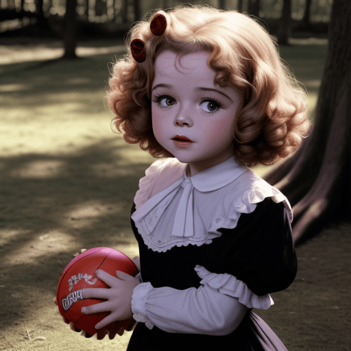 AI generated: Shirley Temple a los 6 años con pelo oscuro y ojos marrones en un bosque jugando a la pelota con Mca...