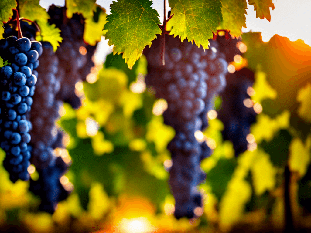 AI generated: a bunch of grapes are hanging from a vine in a vineyard at sunset, skyline, octane render, trending ...