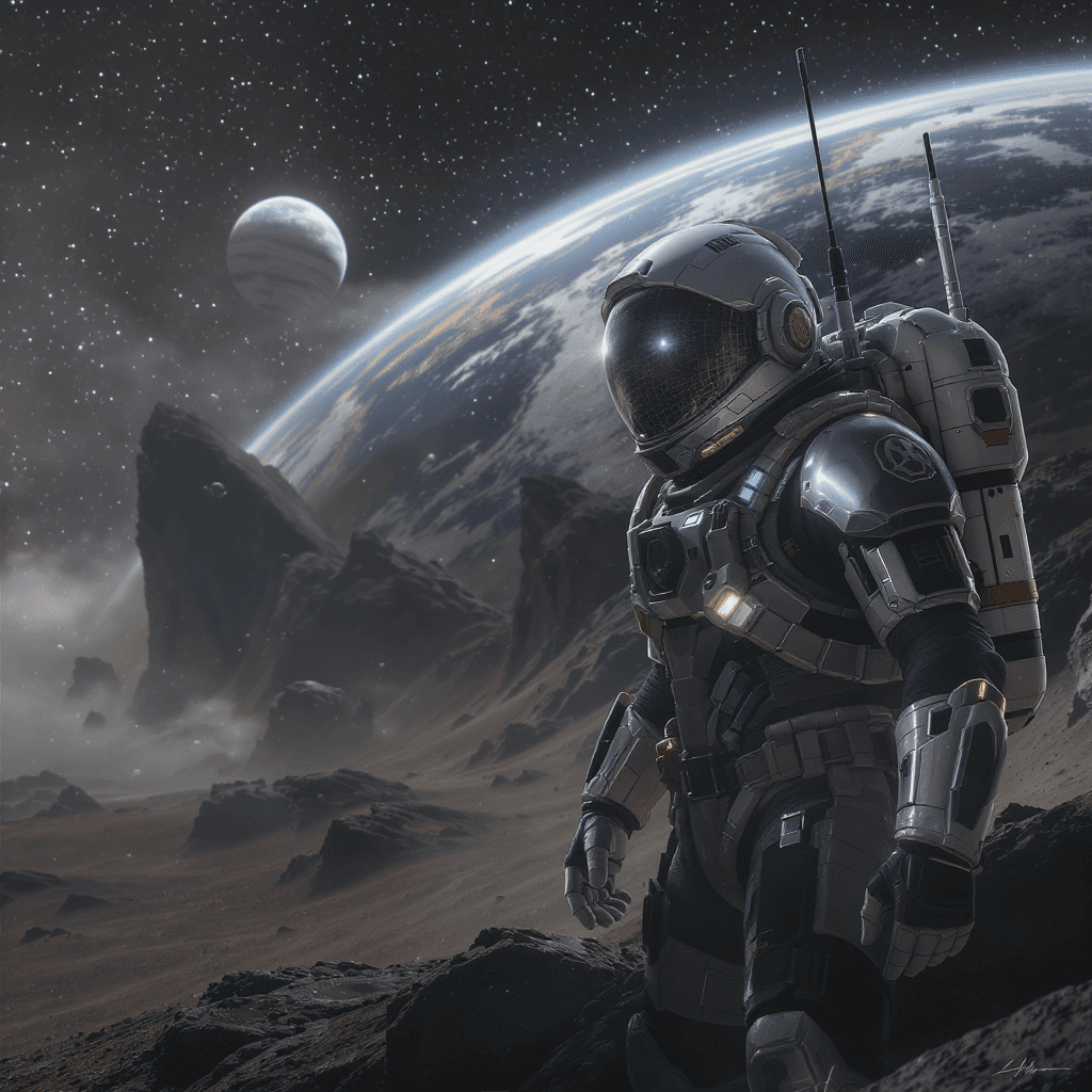 AI generated: An adventurous human character wearing an advanced space exploration suit, exploring uncharted plane...