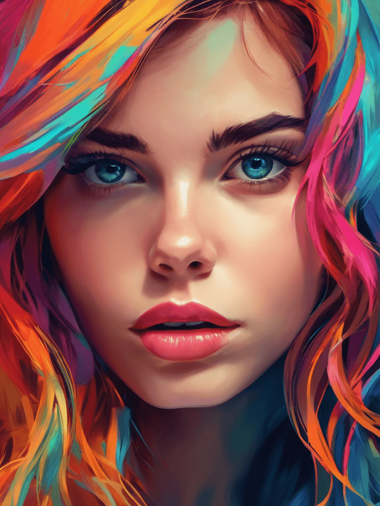 AI generated: close up illustration of a beautiful girl, long hair, vibrant colors, blue eyes, digital painting