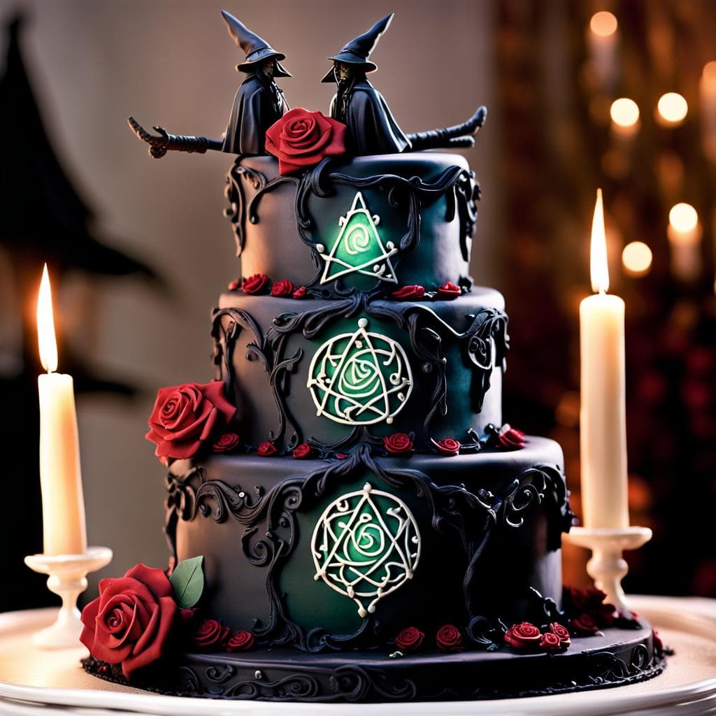 AI generated: As guests gather around the enchanting witch-themed cake, they notice a mysterious, glowing emblem o...