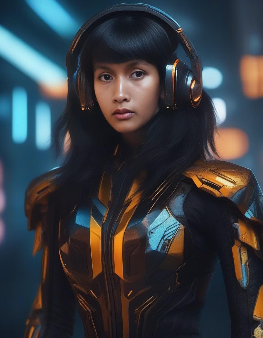 AI generated: Girls robots dressed in bright and flashy outfits reminiscent of Japanese anime, in a futuristic-cyb...
