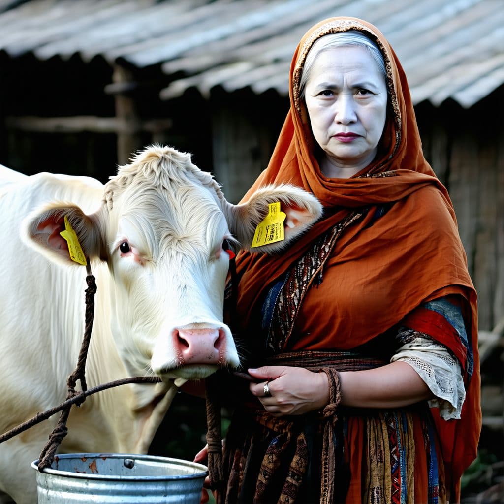 AI generated: In the photo, a white-skinned woman dressed as a beggar takes a cow by the udder and milks it into a...