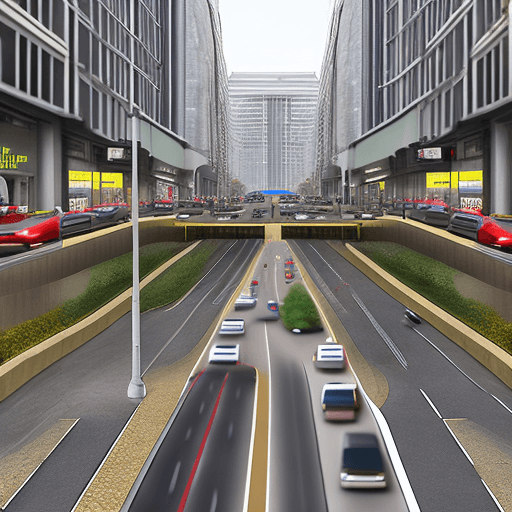 AI generated: photo of a twelve lane avenue, two side directions, with a subway station, a catwalk above the avenu...